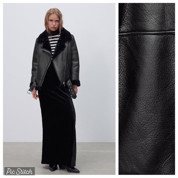 Zara Black Faux Leather Shearling Biker Jacket - Picture 3 of 12